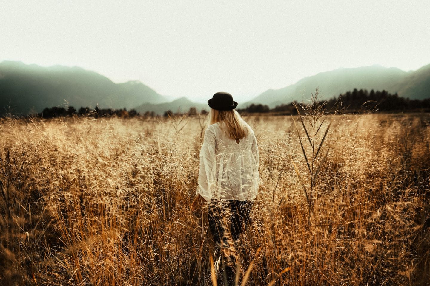 A person wearing a hat and white shirt walks through a field of tall grass with mountains in the background, finding solace and reflection. Access to domestic violence resources offers a path to healing and safety.