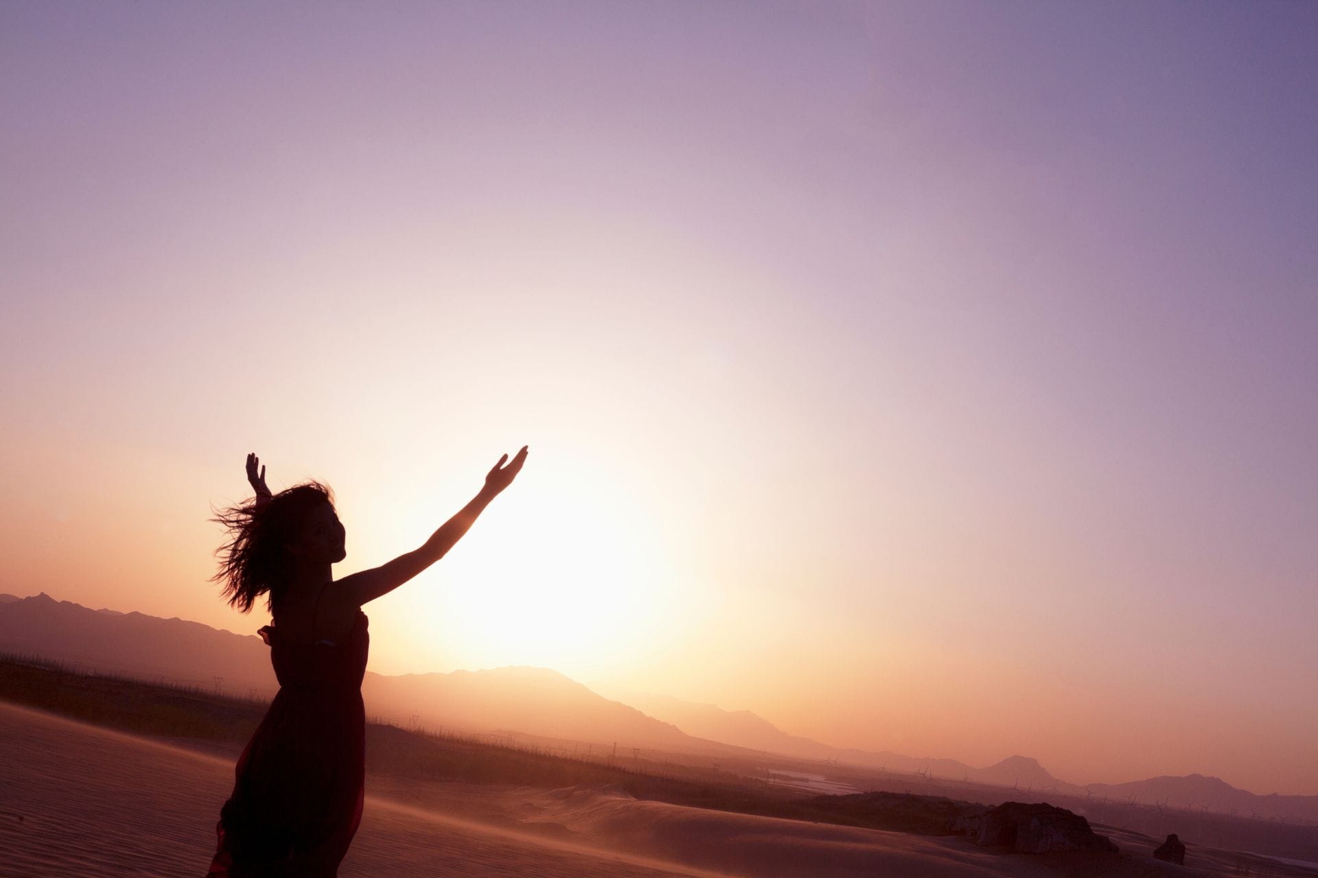 Silhouette of a person with raised arms against a sunset backdrop over a desert landscape.